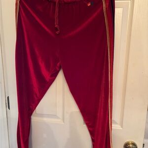Aviator Nation Red Velour Pants with Rainbow Detail
